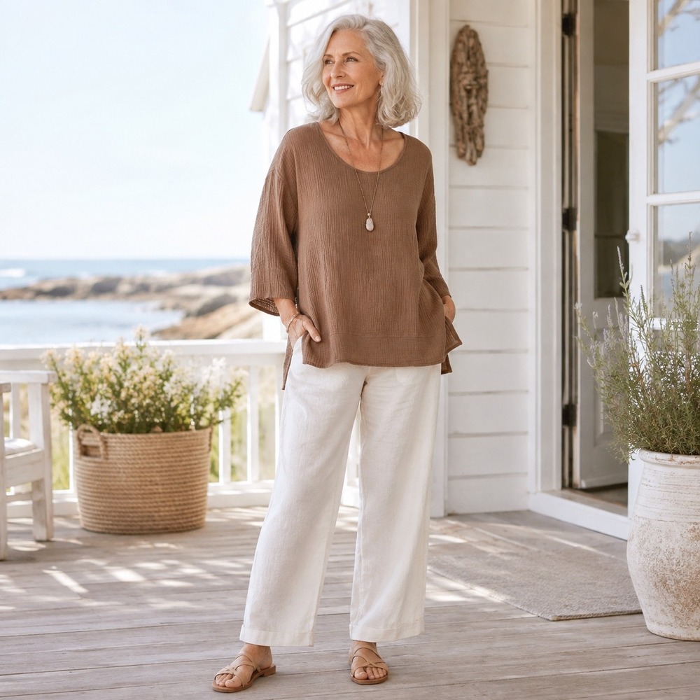Soft Surroundings 100% Cotton Gauze Crinkle Top Brown Tunic 3/4 Sleeve Large
